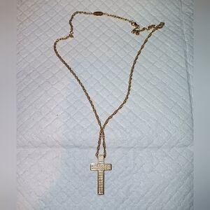 Scommag Vintage Rhinestone Gold Tone Cross Necklace